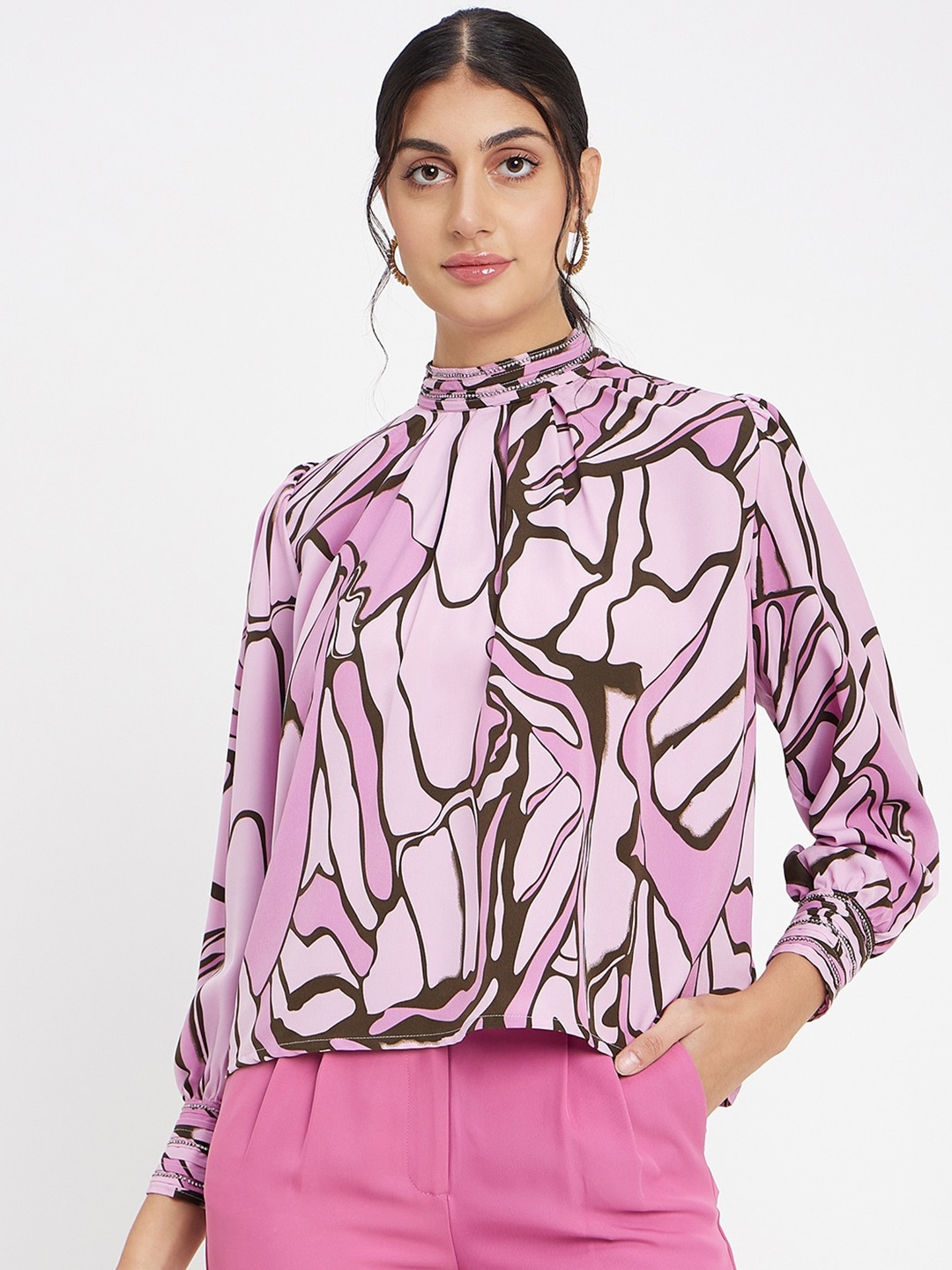 

Madame Abstract Printed Bishop Sleeve Top, Mauve