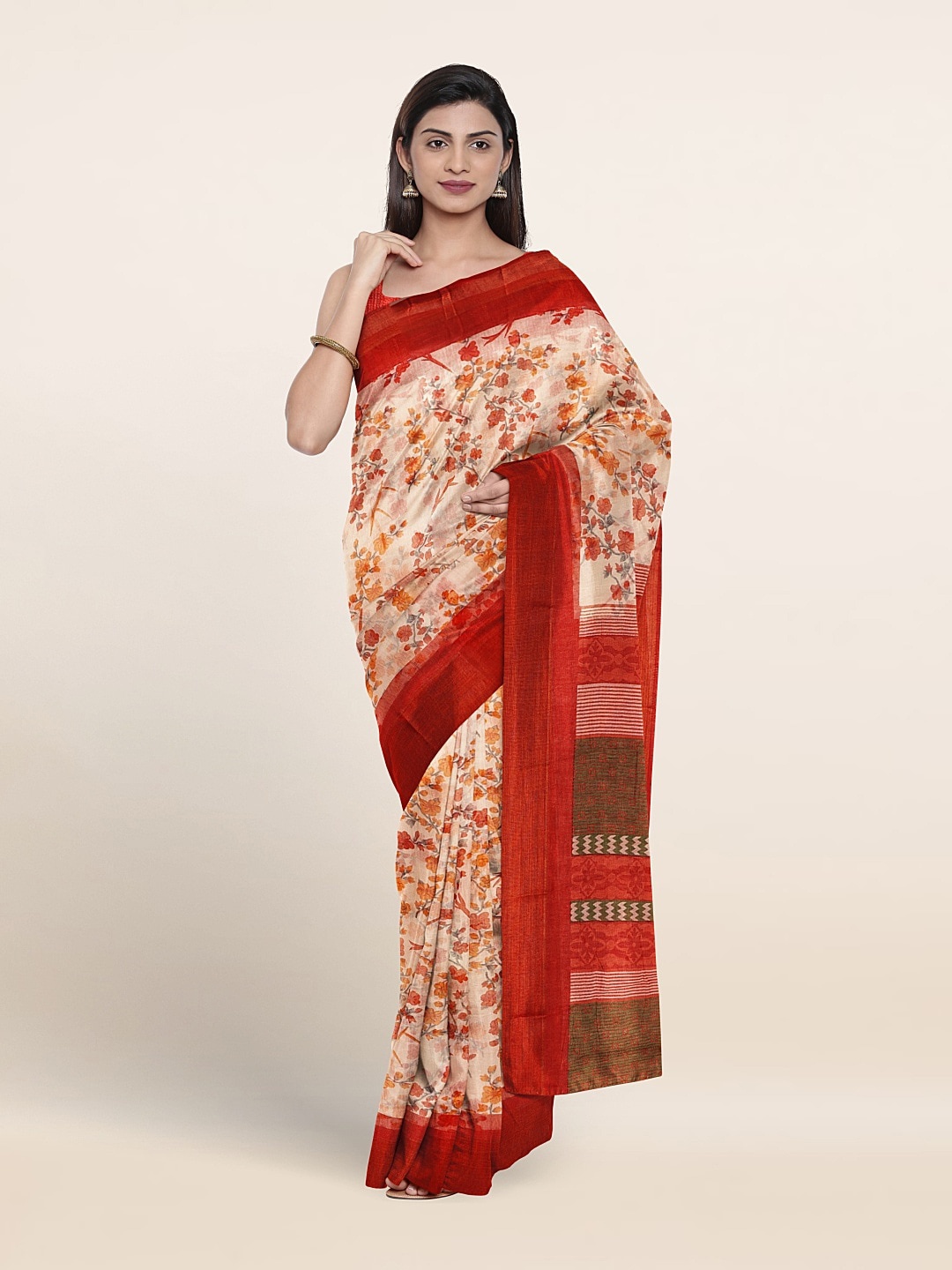 

Pothys Floral Printed Zari Saree, Cream