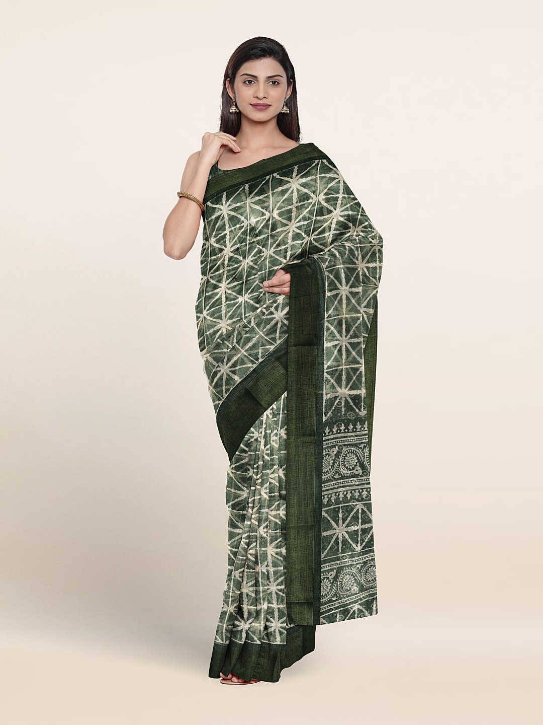 

Pothys Geometric Printed Zari Saree, Green
