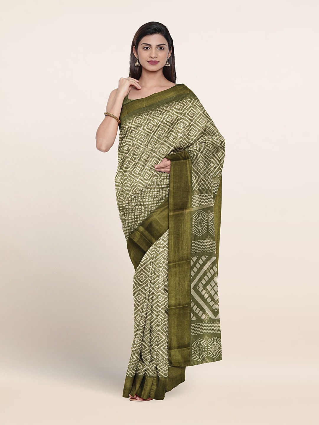 

Pothys Geometric Printed Zari Saree, Green