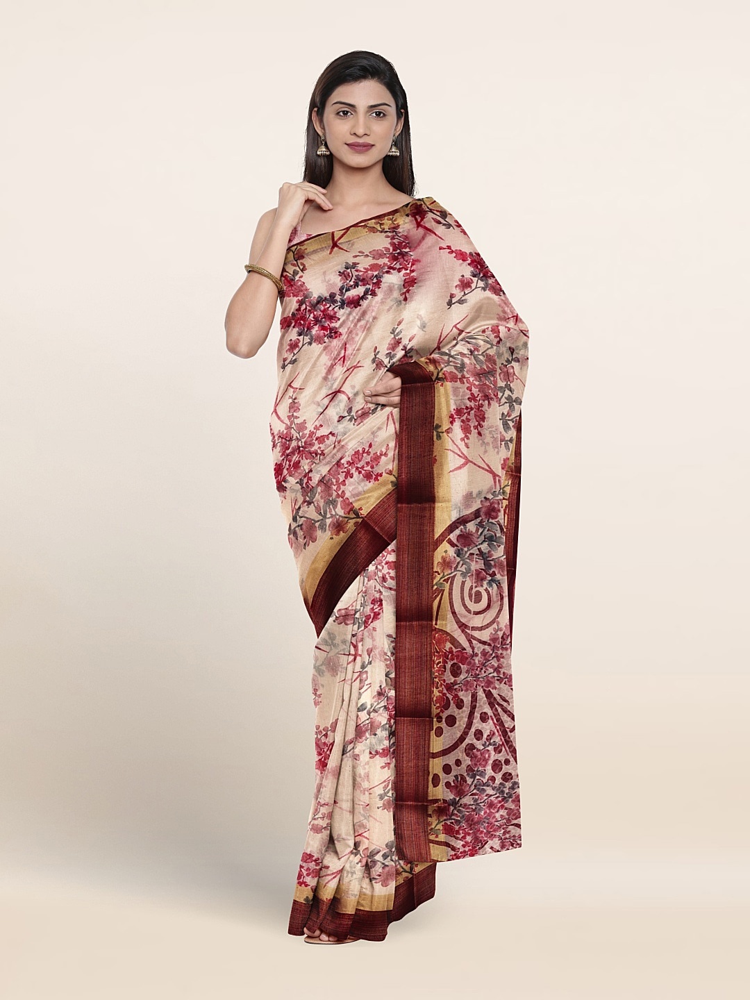 

Pothys Floral Printed Zari Saree, Cream