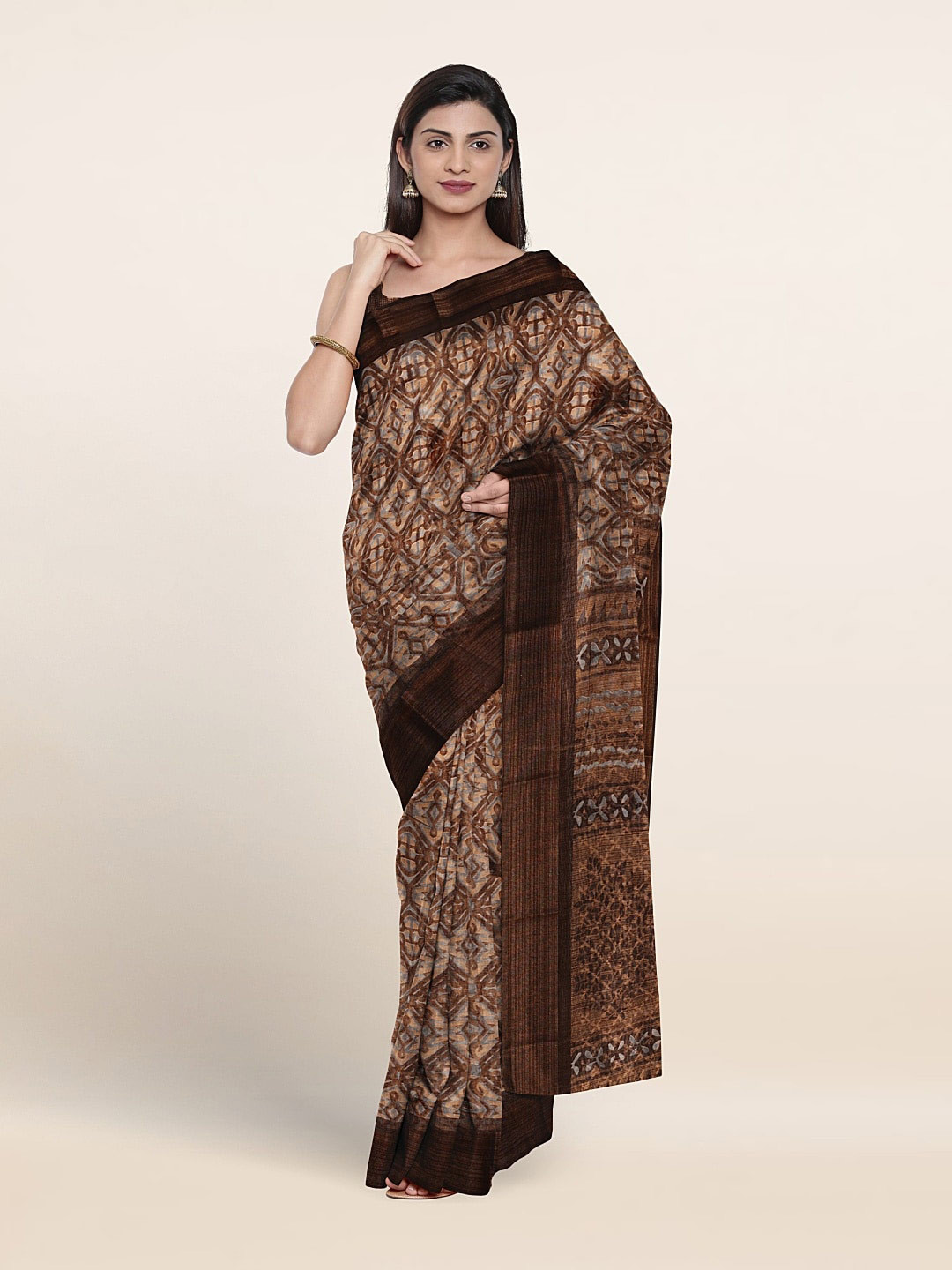 

Pothys Geometric Printed Zari Saree, Brown