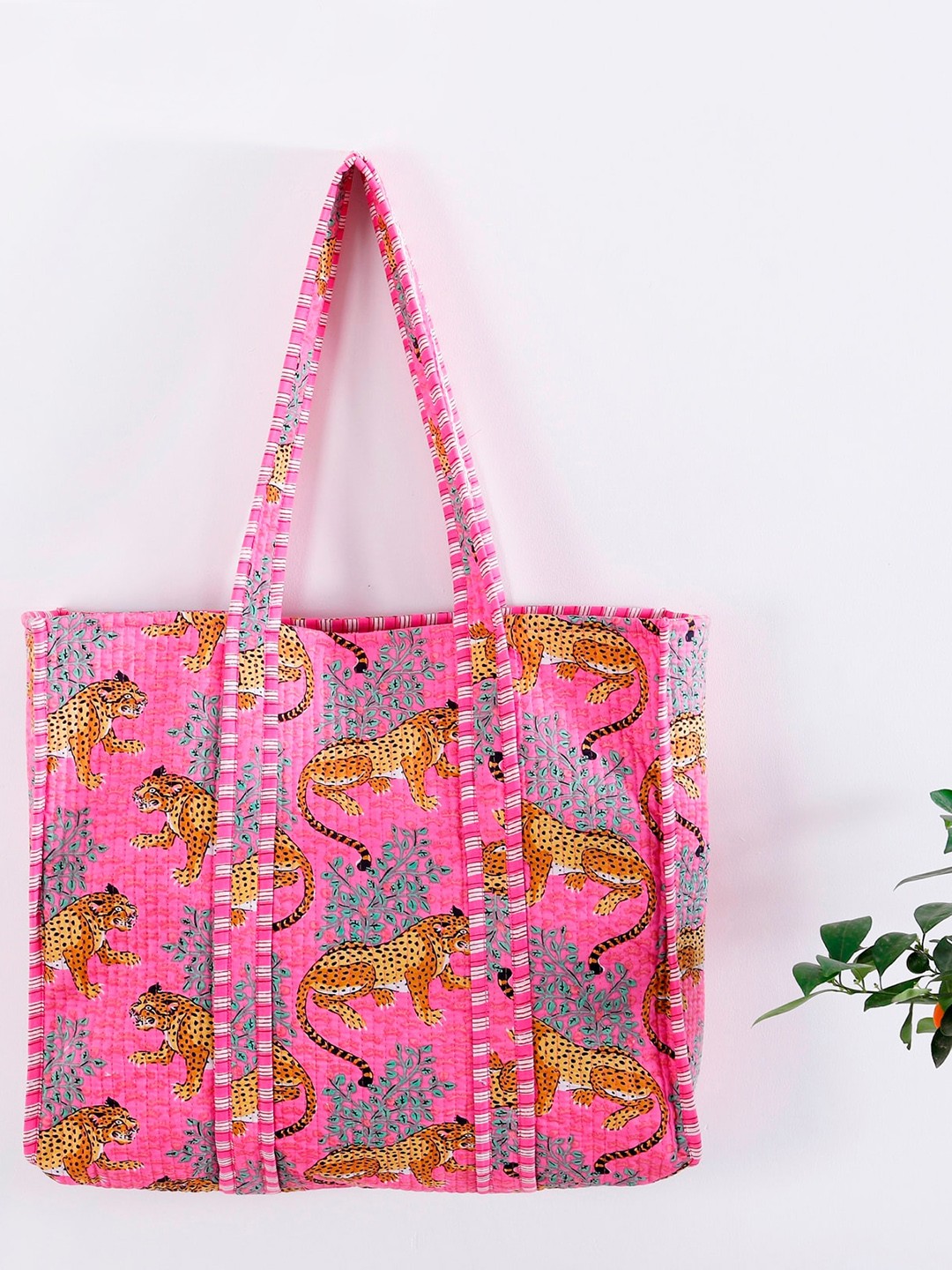 

HANDICRAFT PALACE Graphic Printed Oversized Pure Cotton Reversible Tote Bag With Quilted, Pink