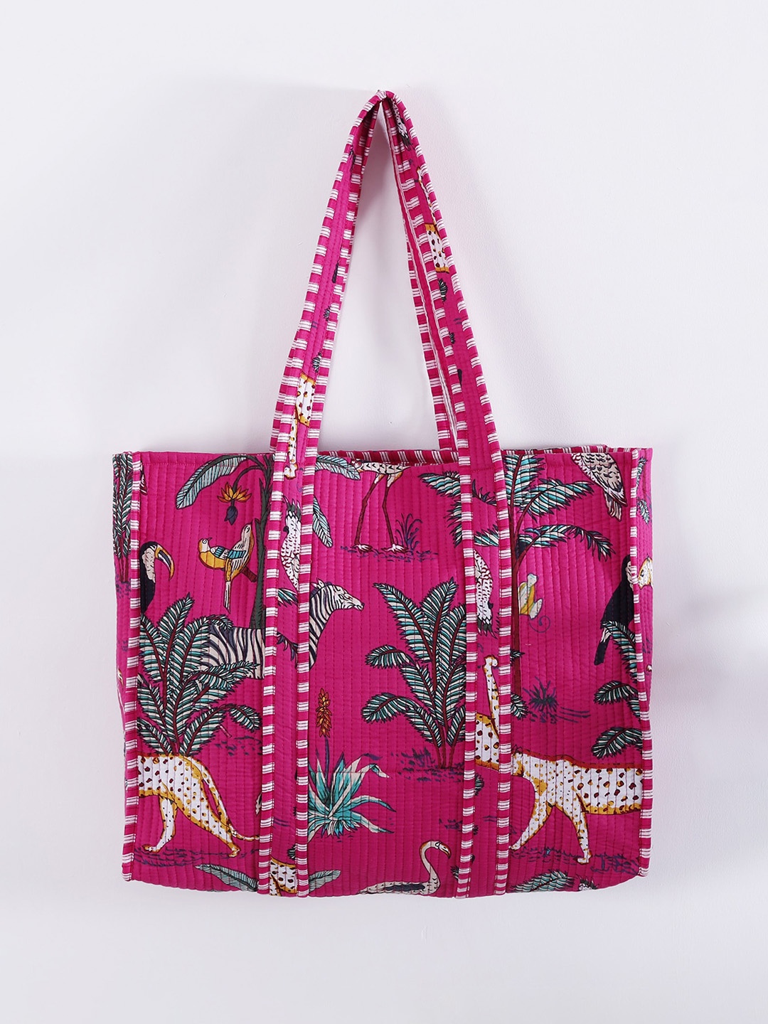 HANDICRAFT PALACE Conversational Printed Shopper Cotton Tote Bag With Quilted, Pink