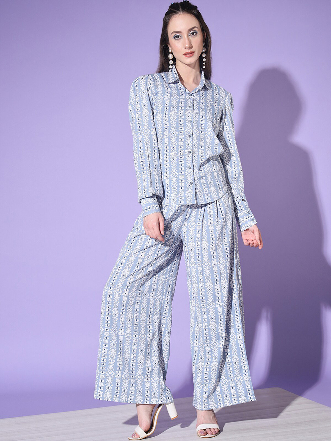 

ODETTE Women 3 Pcs Printed Shirt Palazzo & Inner Co-Ords, Blue