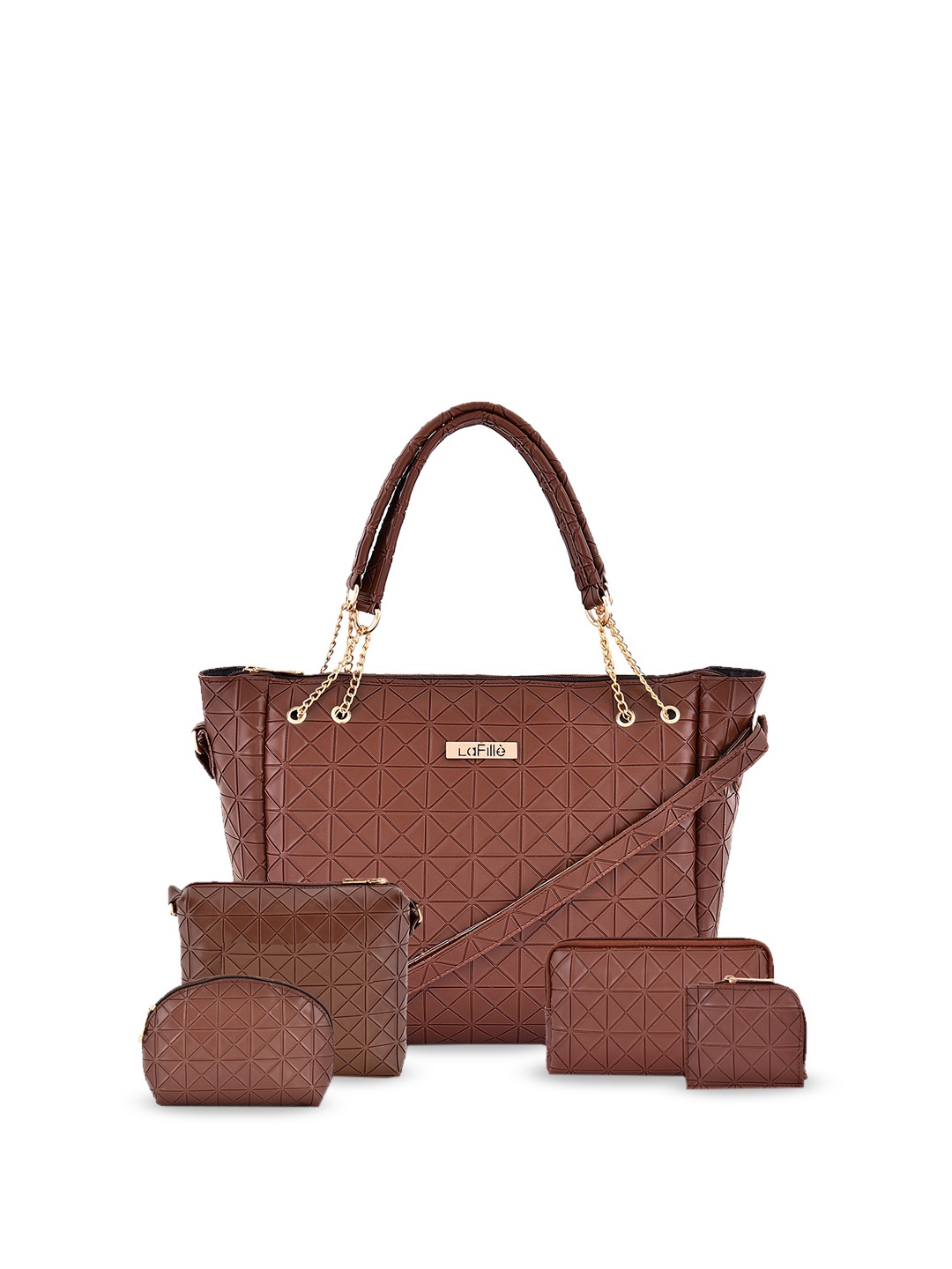 

LaFille Set of 5 Textured Structured Handheld Bag, Brown