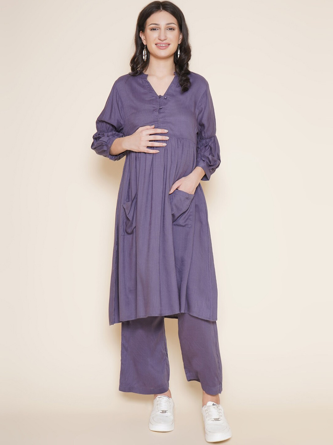 

Mine4Nine Mandarin Collar Maternity A-Line Kurta With Palazzos, Grey