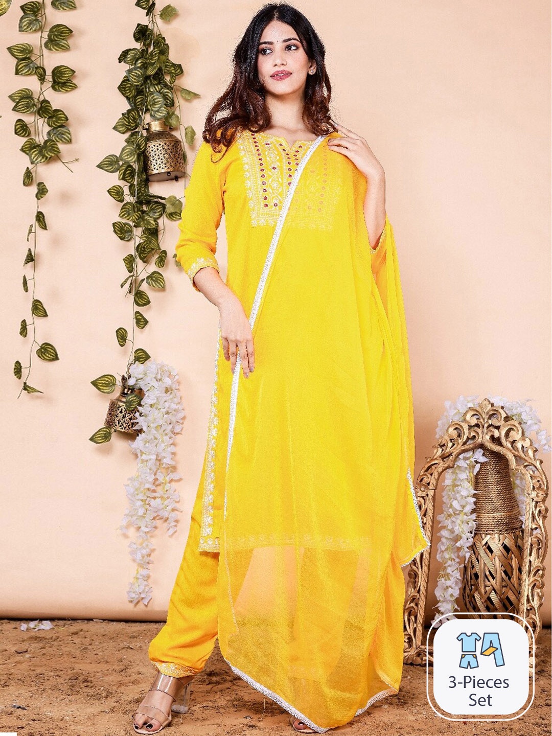R RANAK CREATION Floral Embroidered Regular Kurta With Trousers & Dupatta, Yellow