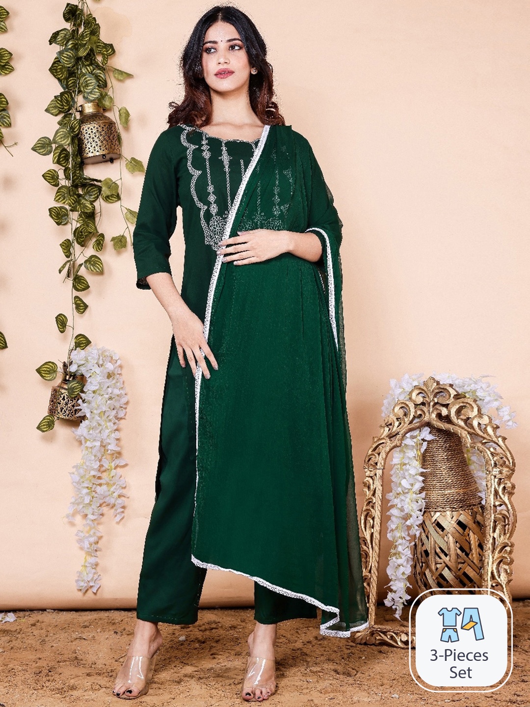 R RANAK CREATION Ethnic Motif Embroidered Regular Straight Kurta & Palazzos With Dupatta, Green