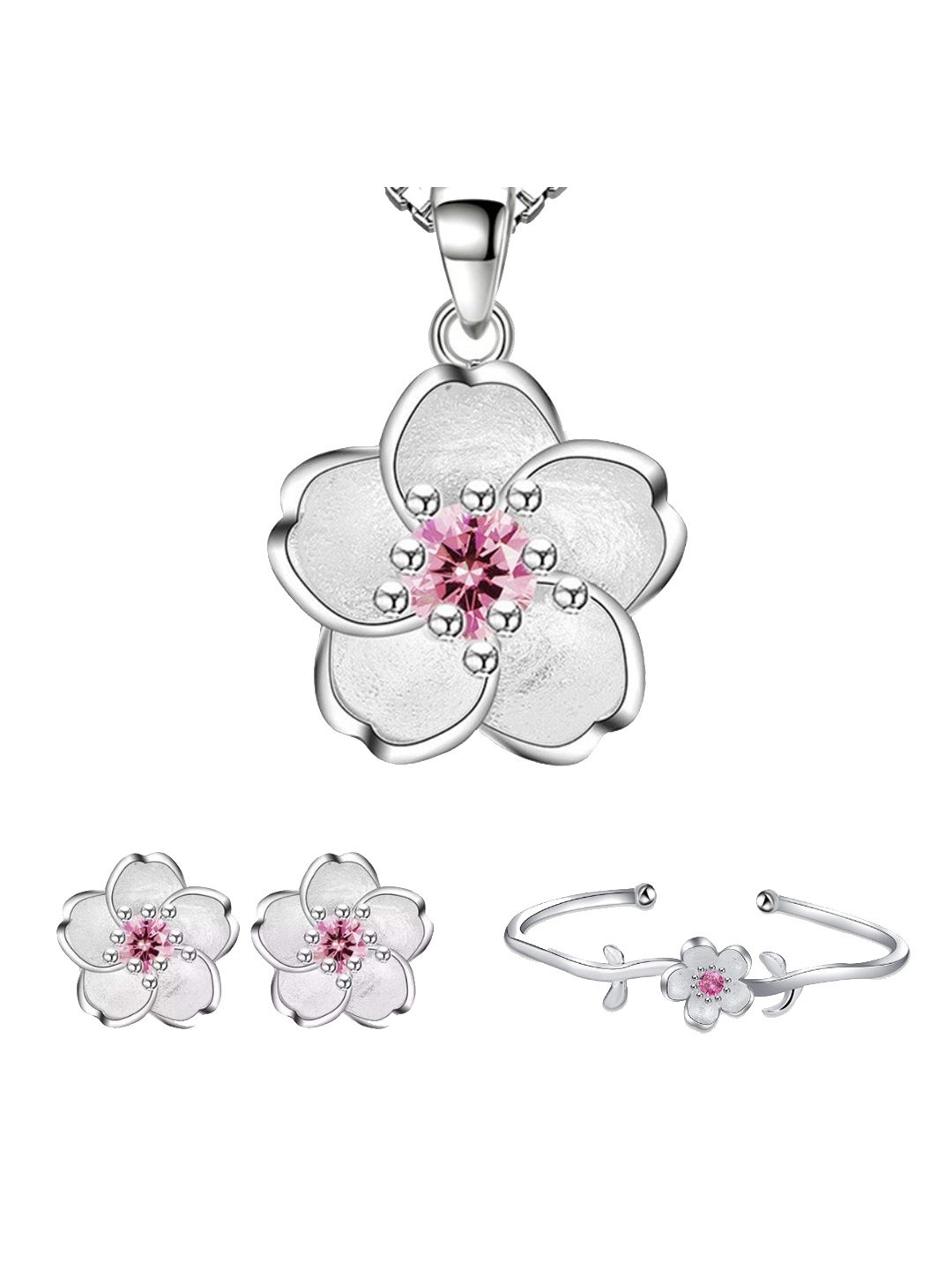 

MYKI Floral Silver-Plated CZ Studded Stainless Steel Jewellery Set