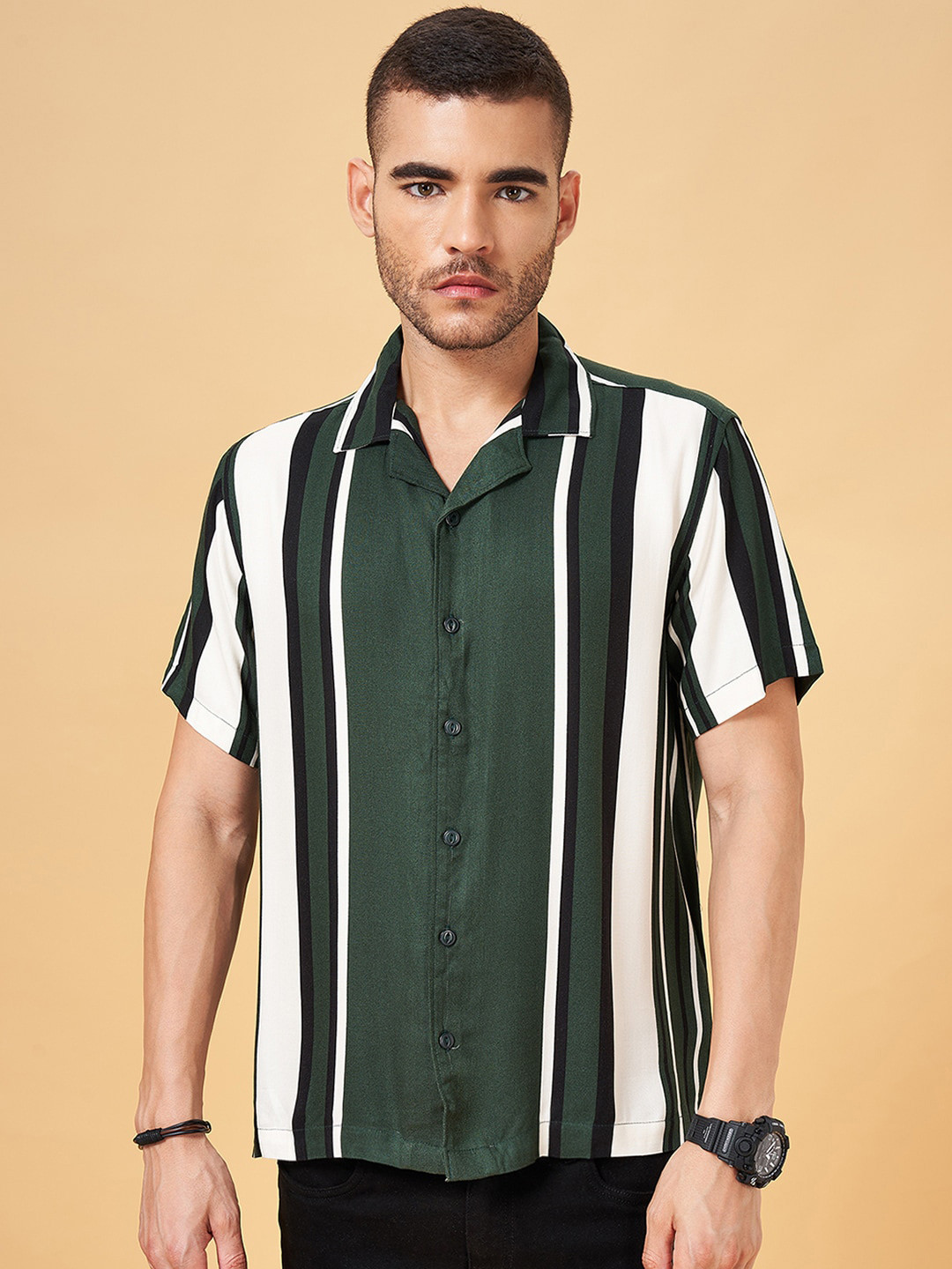 

People Slim Fit Striped Cuban Collar Casual Shirt, Green