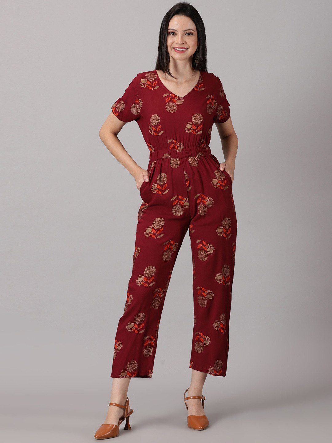 

DK FAB Printed V-Neck Basic Jumpsuit, Maroon