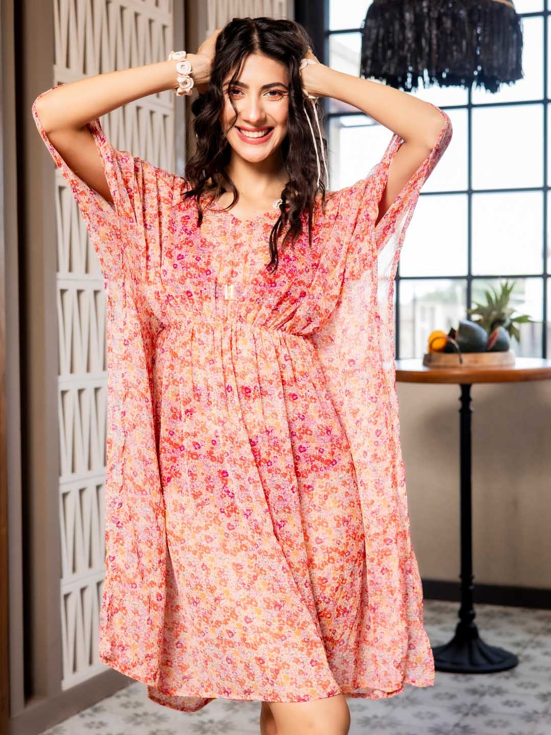 

EROTISSCH Floral Printed V-Neck Cover-Up Dress, Orange