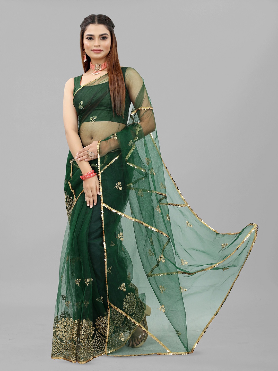

BARKIYA CREATION Ethnic Motifs Embroidered Net Saree, Green