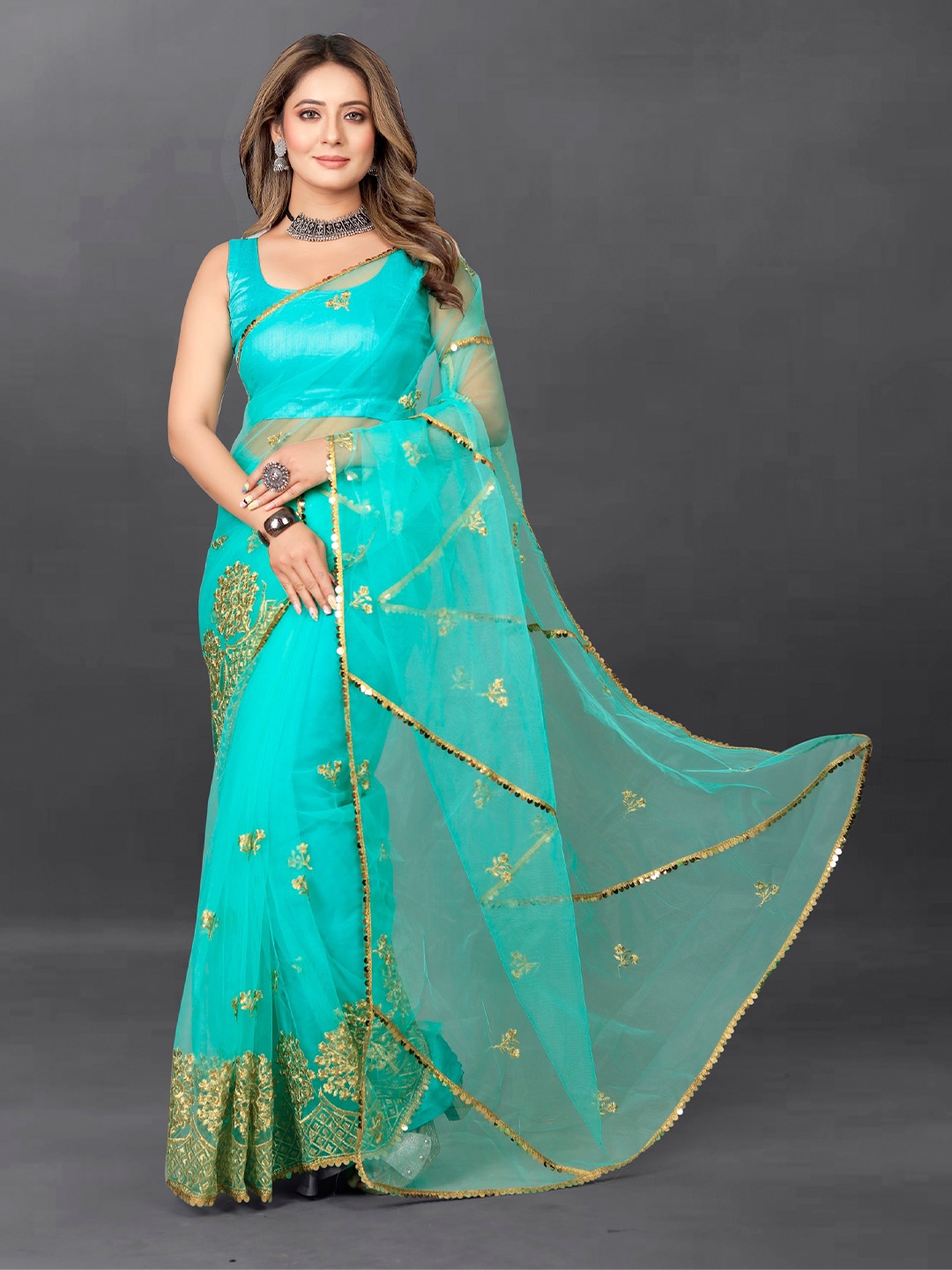 

BARKIYA CREATION Floral Embroidered Sequinned Detail Net Saree, Turquoise blue