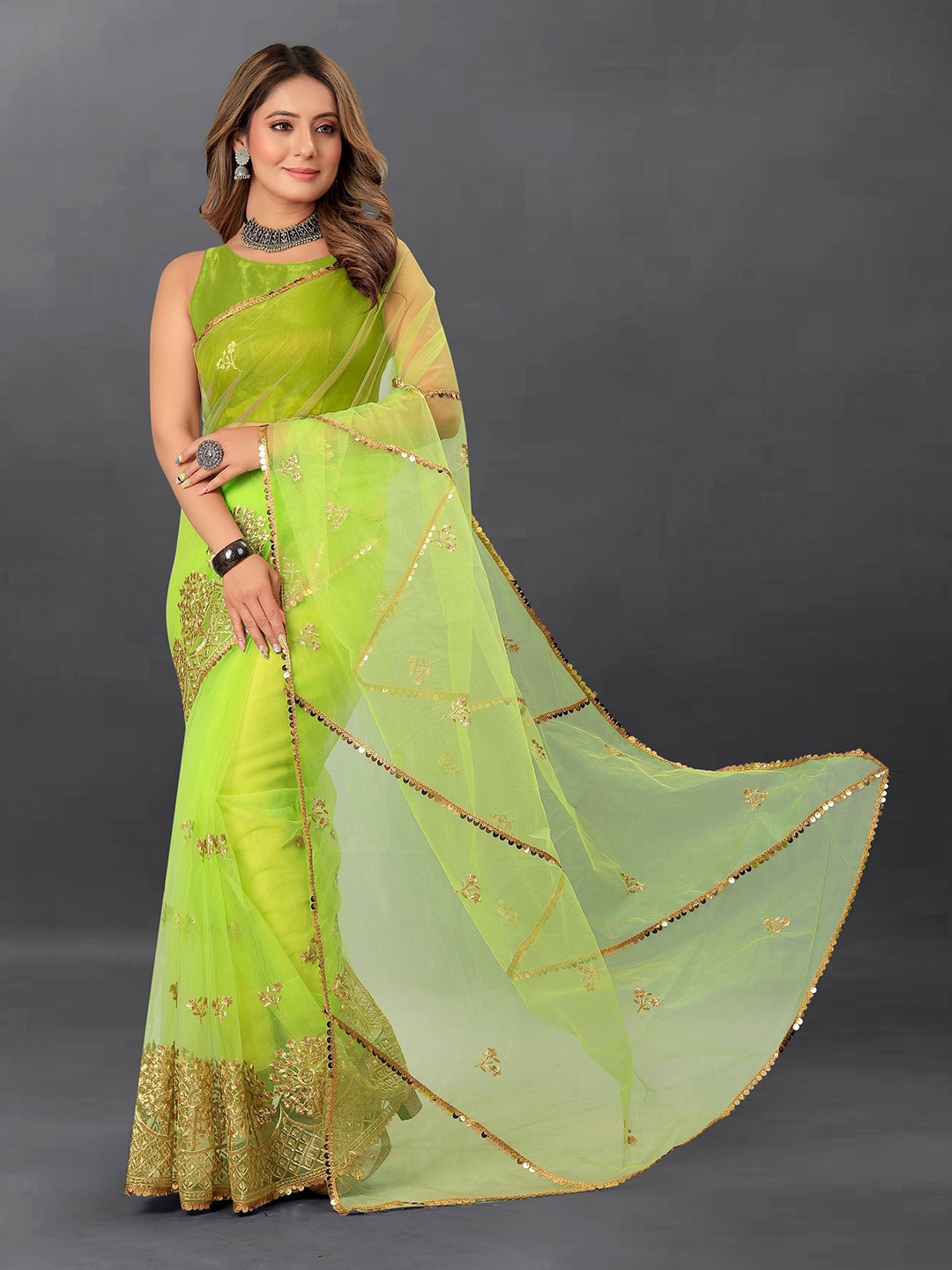 

BARKIYA CREATION Embellished Sequinned Net Saree, Sea green