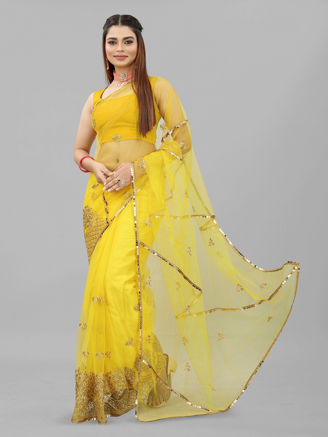 

BARKIYA CREATION Embroidered Embellished Mirror Work Net Saree, Yellow