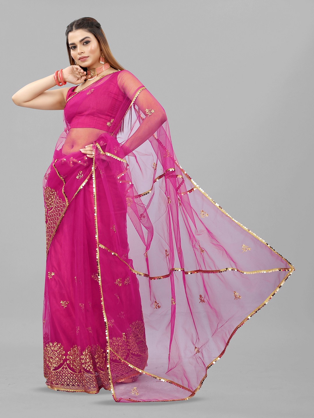 

BARKIYA CREATION Ethnic Motifs Embroidered Net Saree, Pink