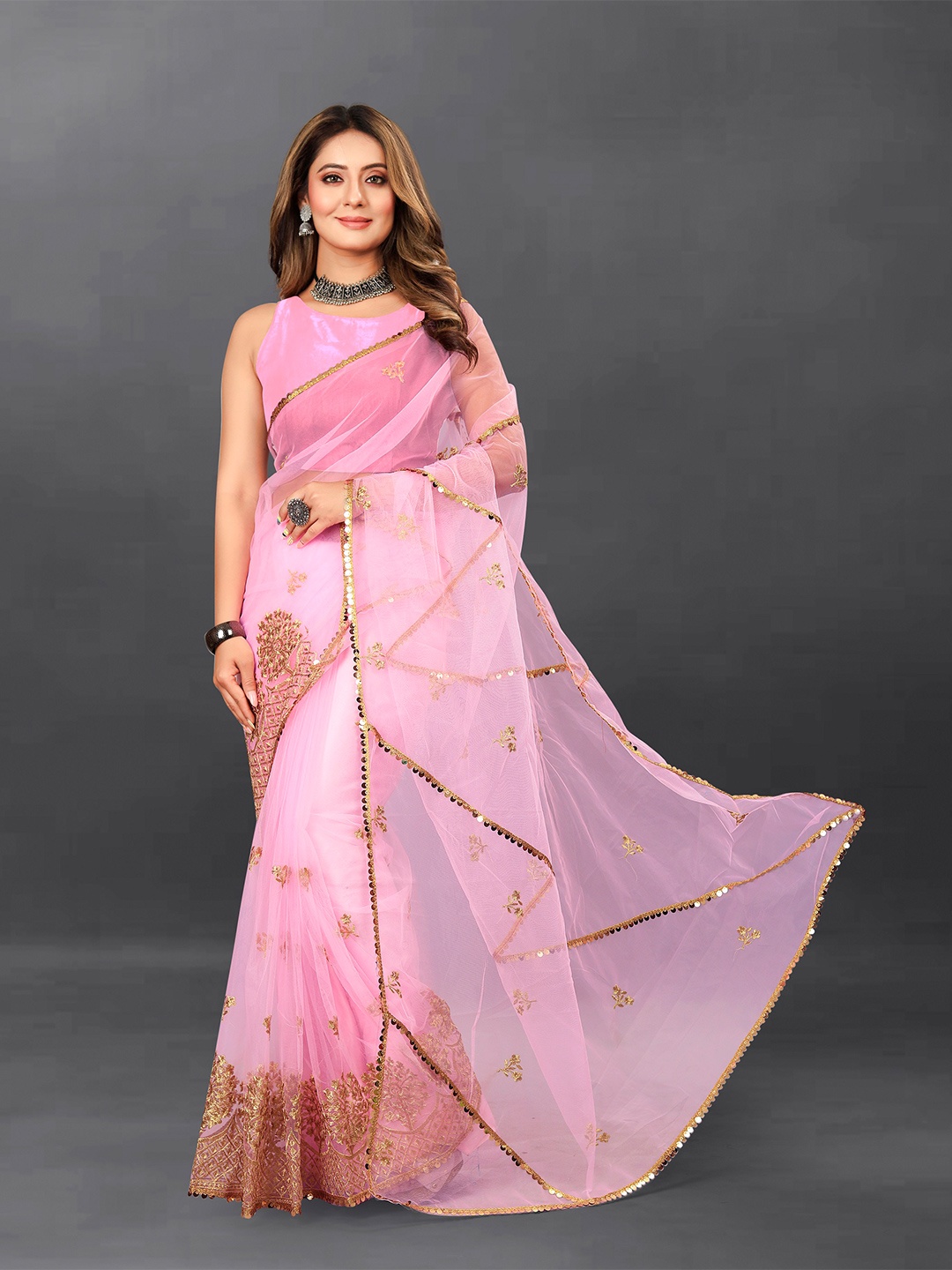 

BARKIYA CREATION Embellished Zari Net Saree, Pink