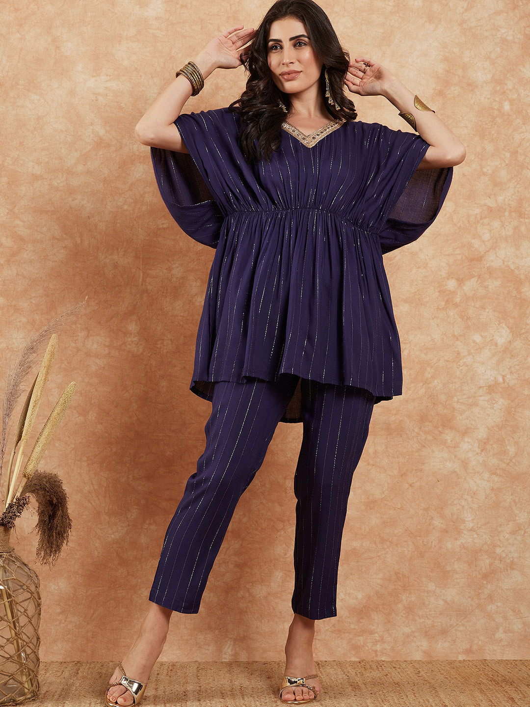 

InWeave Striped V-Neck Flared Sleeves Kaftan Kurti With Trouser, Blue