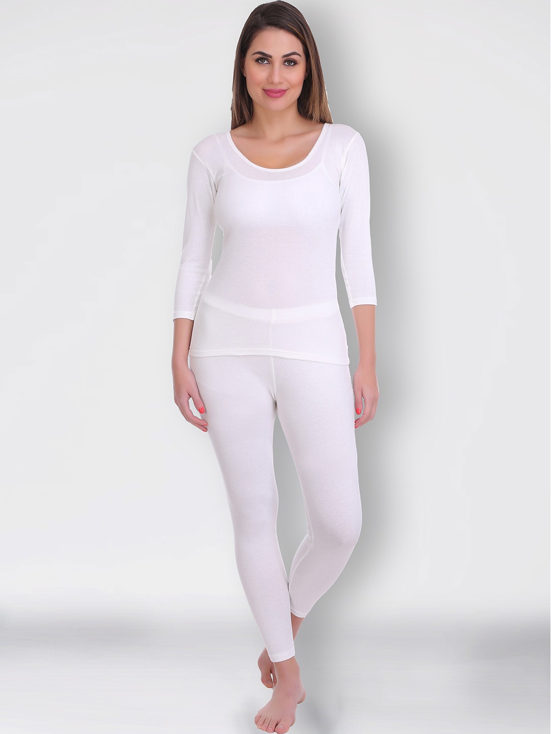 

SELFCARE Round Neck Three Fourth Sleeves Thermal Set, White