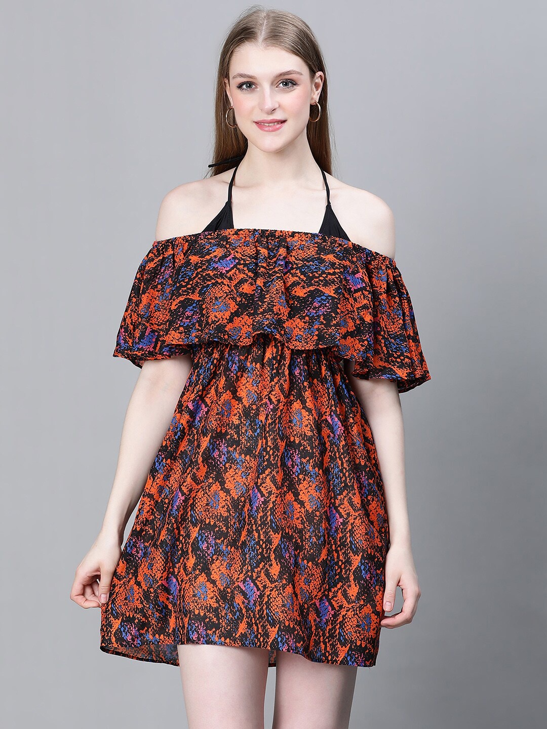 

Oxolloxo Animal Printed Off-Shoulder Elasticated Swimwear Cover up Dress, Black