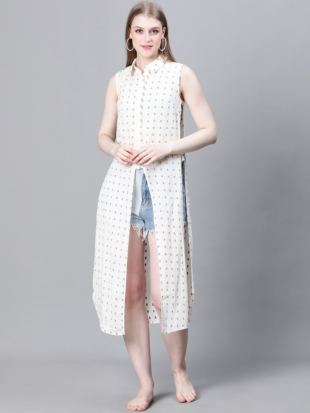 

Oxolloxo Floral Printed Spread Collar Sleeveless Longline Cover Up Top, Cream