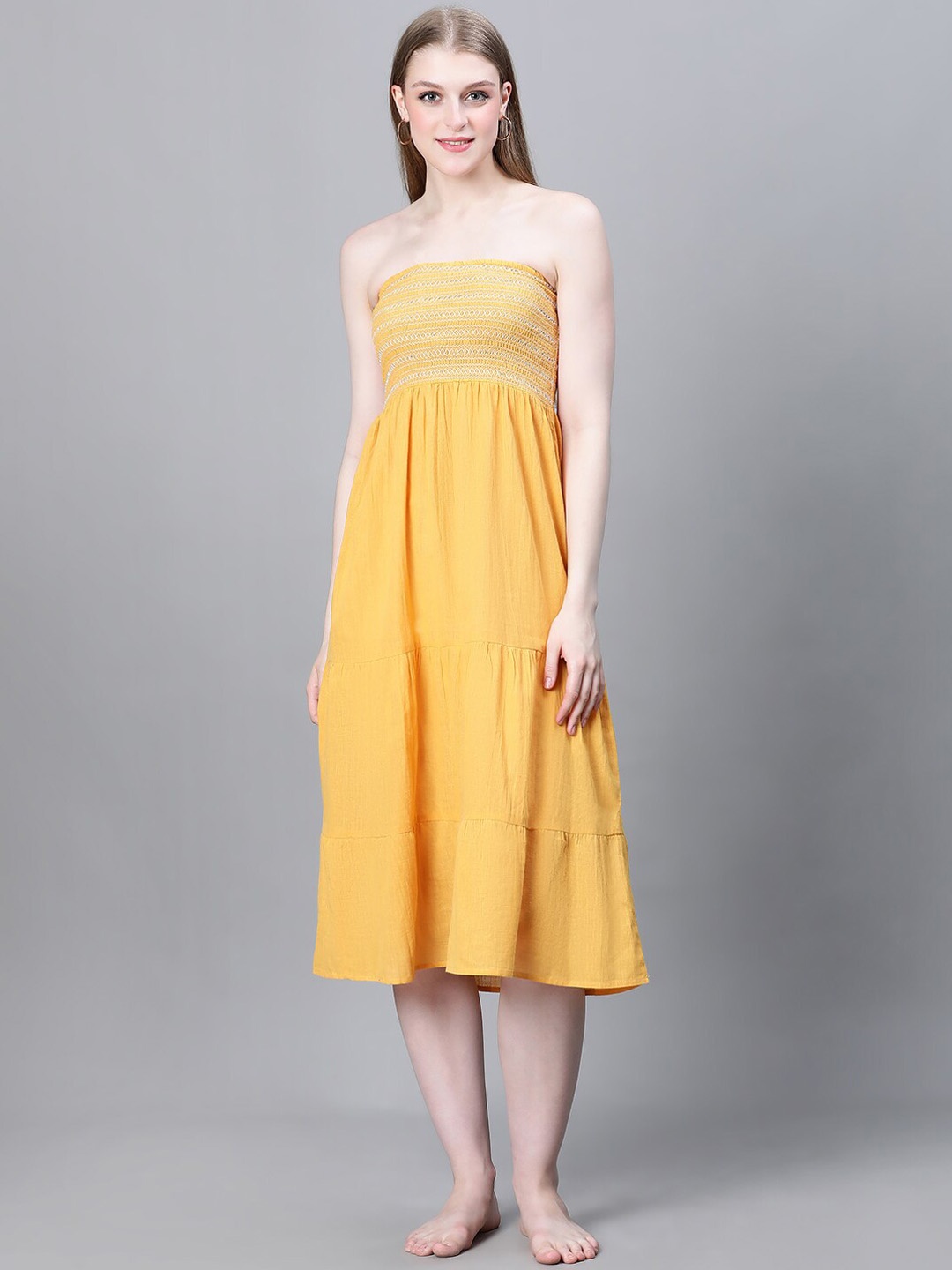 

Oxolloxo Smocked Tired Flared Cover Up Dress, Yellow