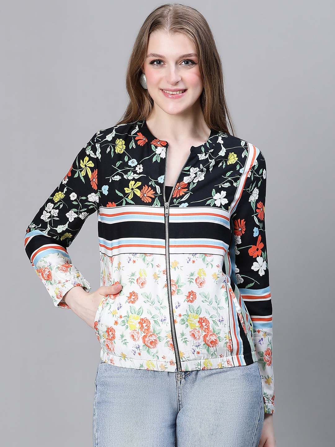 

Oxolloxo Floral Printed Mandarin Collar Lightweight Tailored Jacket, Black