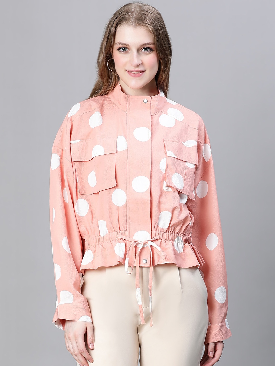 

Oxolloxo Polka Dot Printed Mock Collar Lightweight Tailored Jacket, Peach