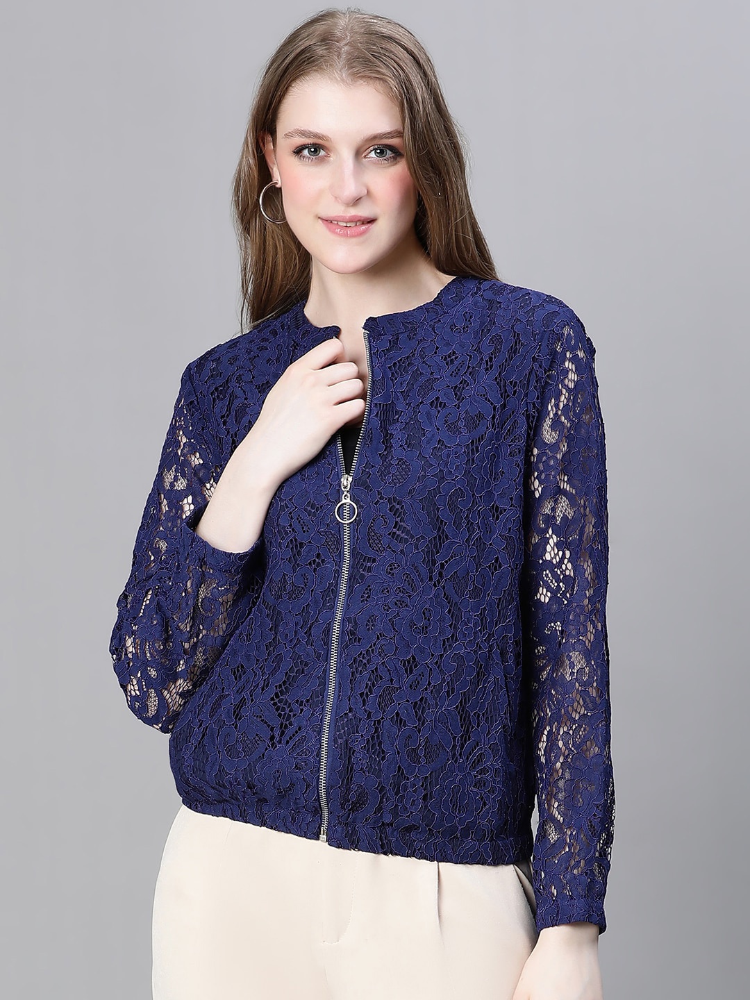 

Oxolloxo Floral Self Design Lightweight Tailored Jacket, Blue