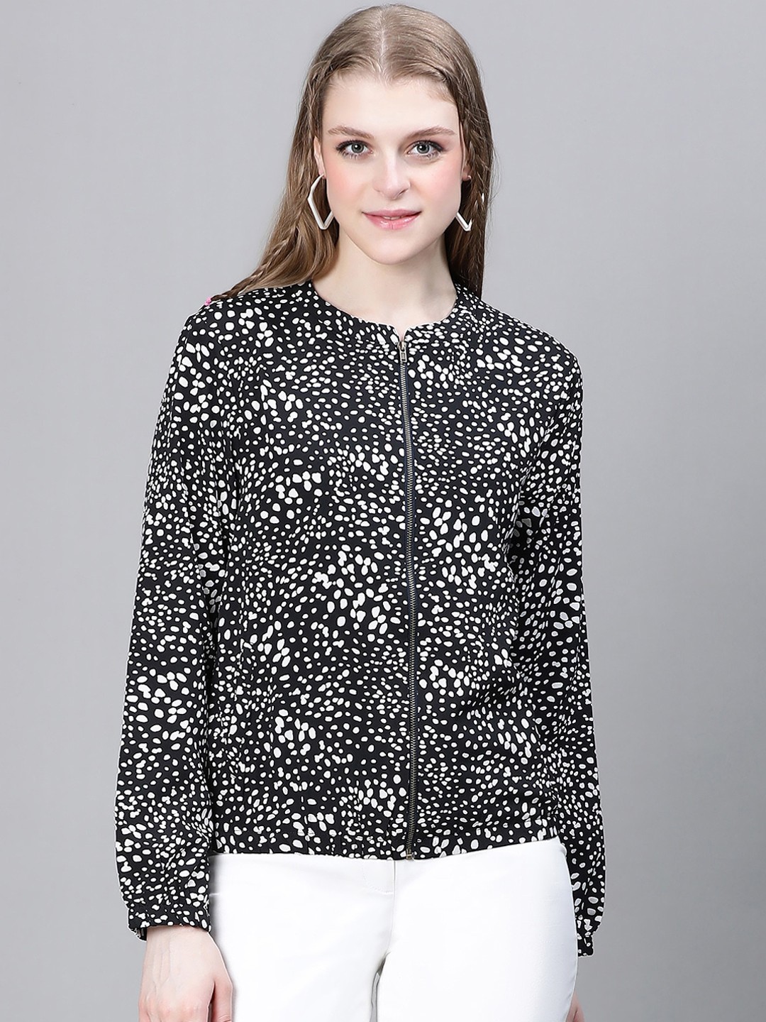 

Oxolloxo Geometric Printed Mandarin Collar Lightweight Tailored Jacket, Black