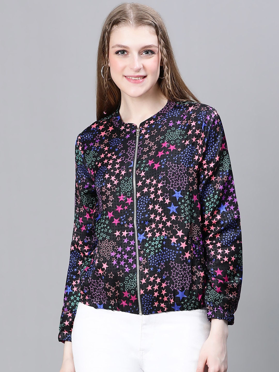 

Oxolloxo Conversational Printed Mandarin Collar Lightweight Tailored Jacket, Black
