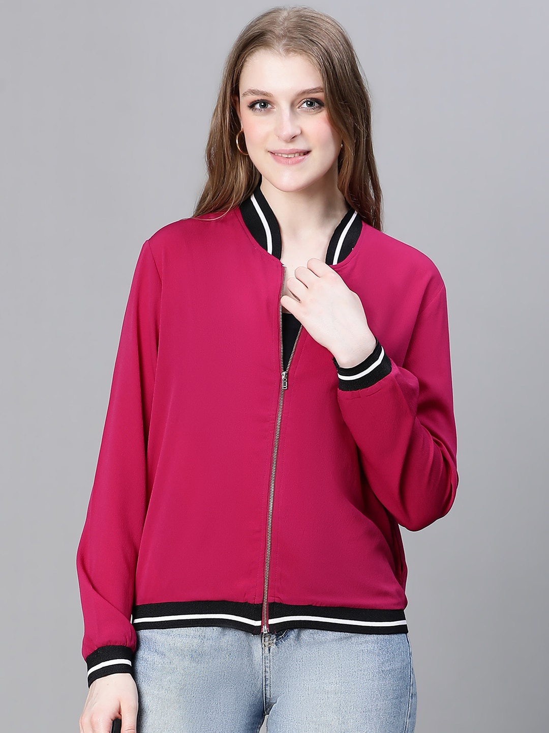 

Oxolloxo Mock Collar Lightweight Zip Detail Bomber Jacket, Pink