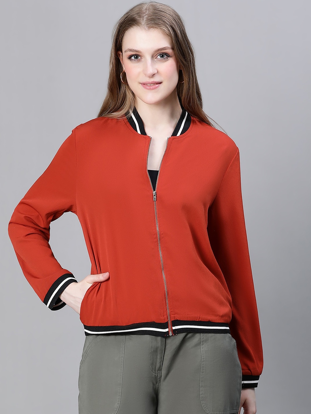 

Oxolloxo Mock Collar Lightweight Zip Detail Bomber Jacket, Rust