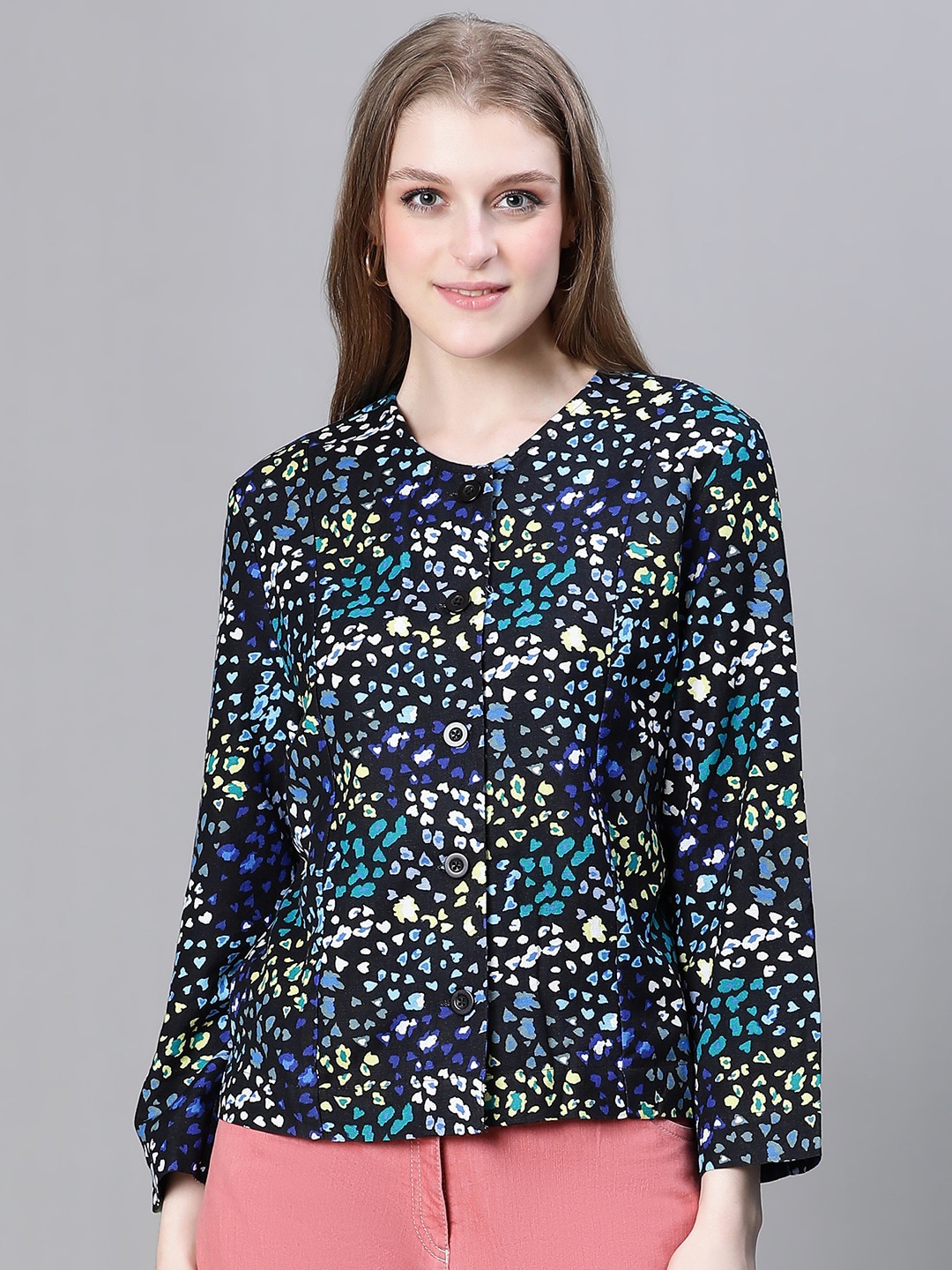 

Oxolloxo Abstract Printed Lightweight Crop Cotton Casual Tailored Jacket, Multi