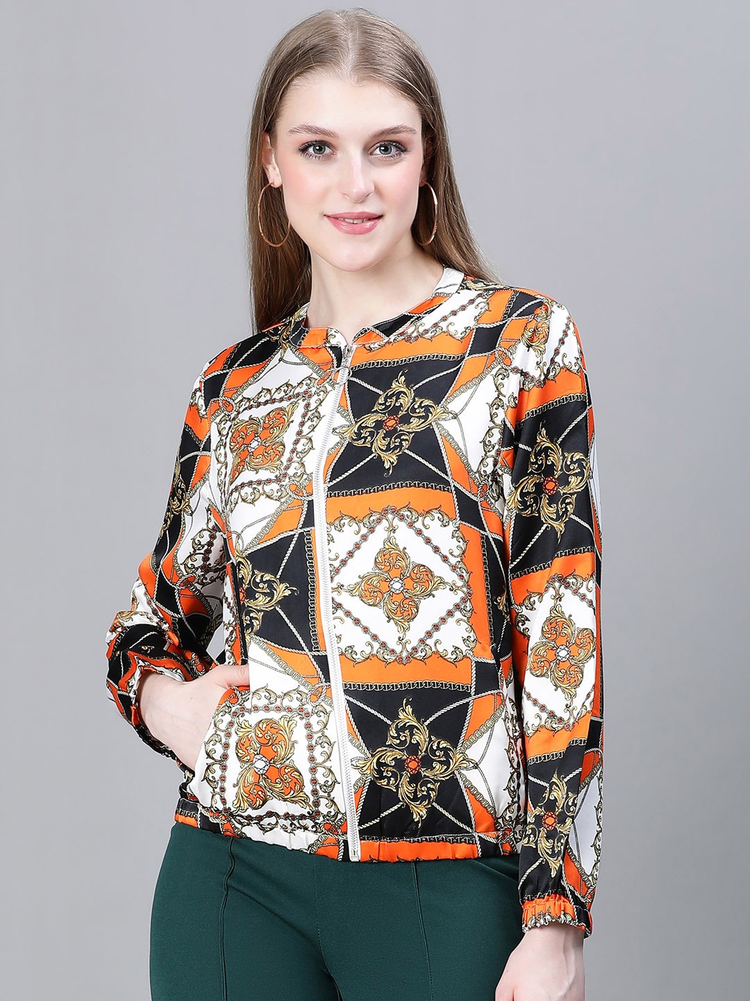 

Oxolloxo Floral Printed Lightweight Crop Outdoor Tailored Jacket With Embroidered, Orange