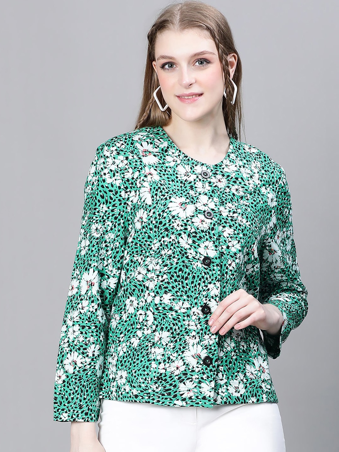 

Oxolloxo Floral Printed Longline Cotton Tailored Jacket, Green
