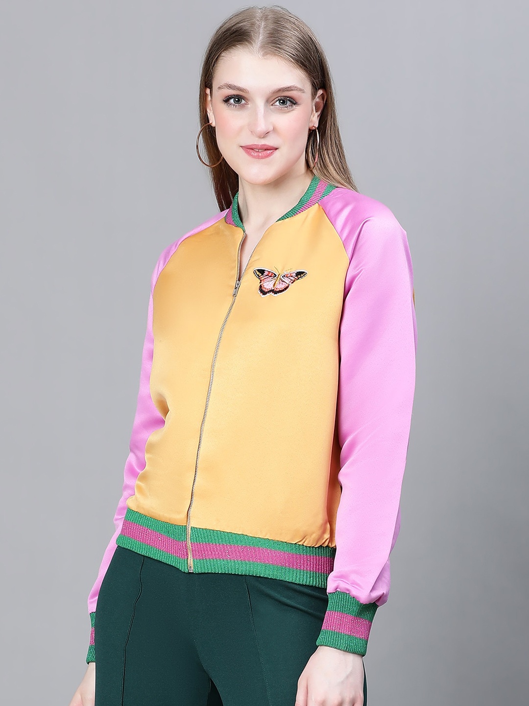 

Oxolloxo Colourblocked Lightweight Crop Outdoor Bomber with Embroidered Detail, Orange