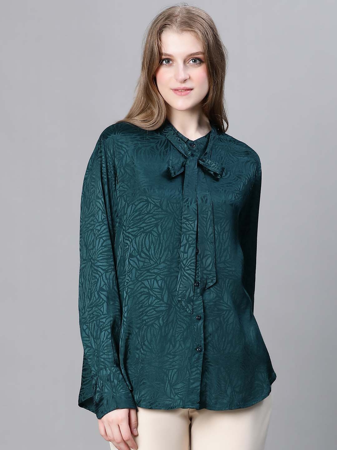 

Oxolloxo Printed Band Collar Tie Ups Detail Cuffed Sleeve Shirt Style Top, Green