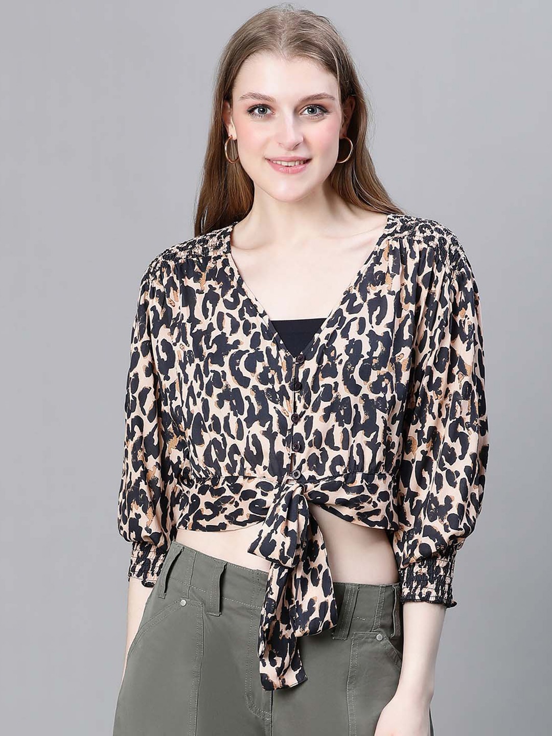 

Oxolloxo Animal Printed Puff Sleeve Shirt Style Tie-Ups Crop Top, Brown