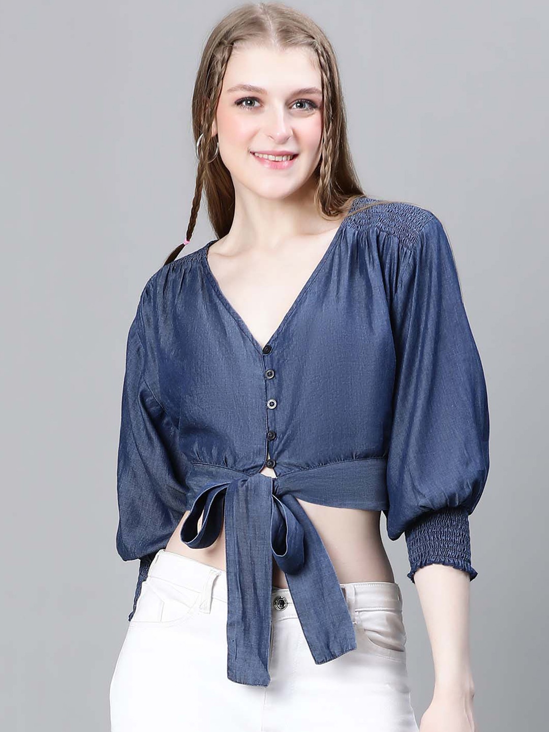 

Oxolloxo V-Neck Puff Sleeve Smocked Cotton Denim Crop Cinched Waist Top, Blue