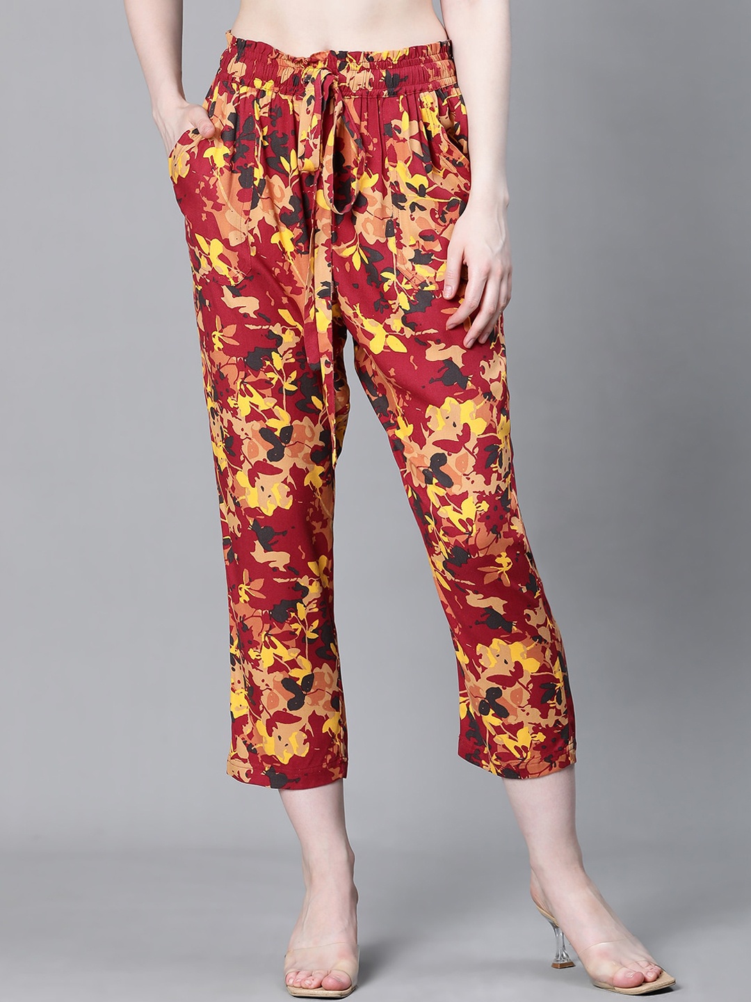 

Oxolloxo Women Floral Printed Tailored Tapered Fit Pleated Trousers, Red