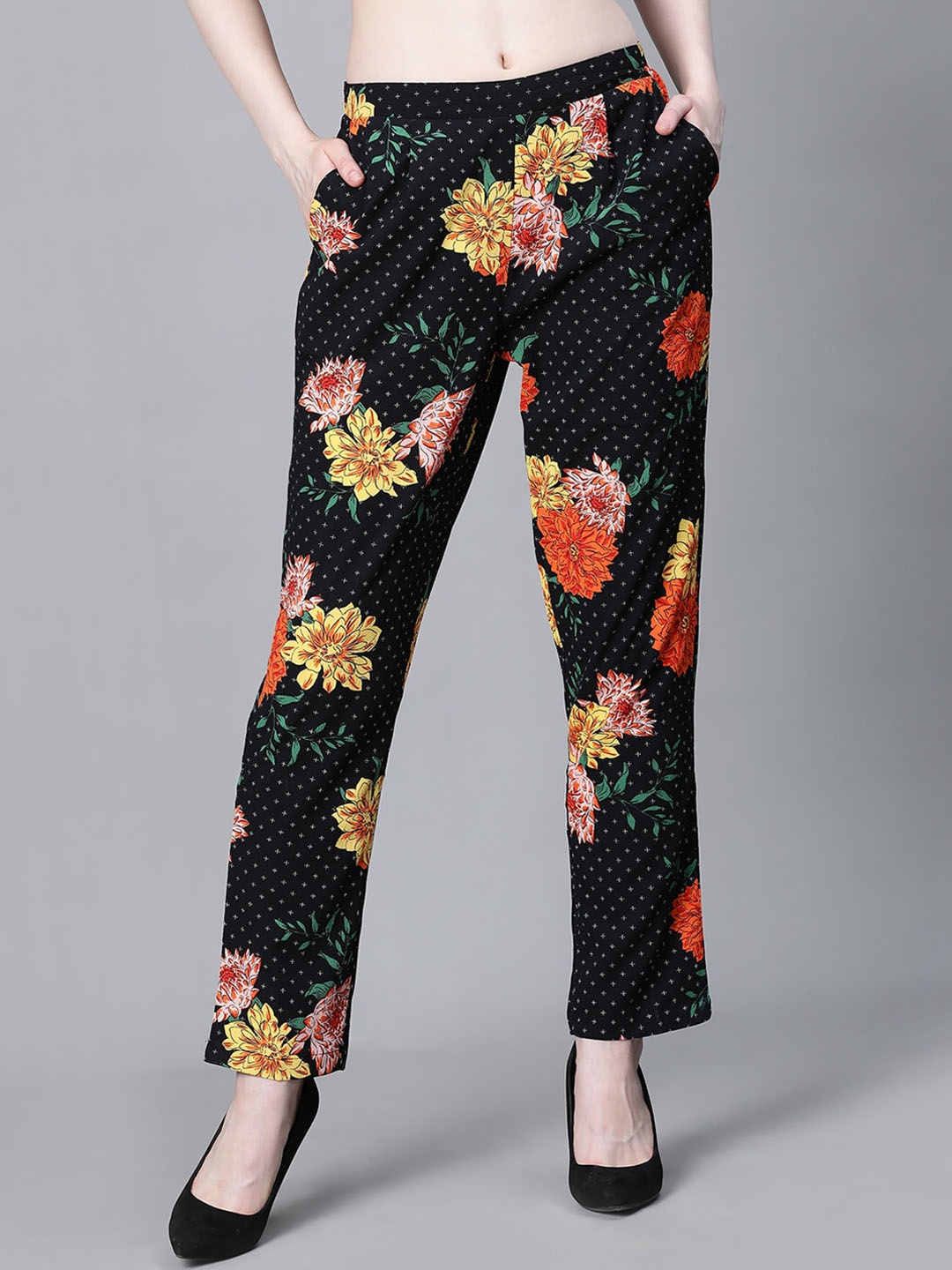 

Oxolloxo Women Floral Printed Classic Straight Fit Easy Wash Trousers, Black