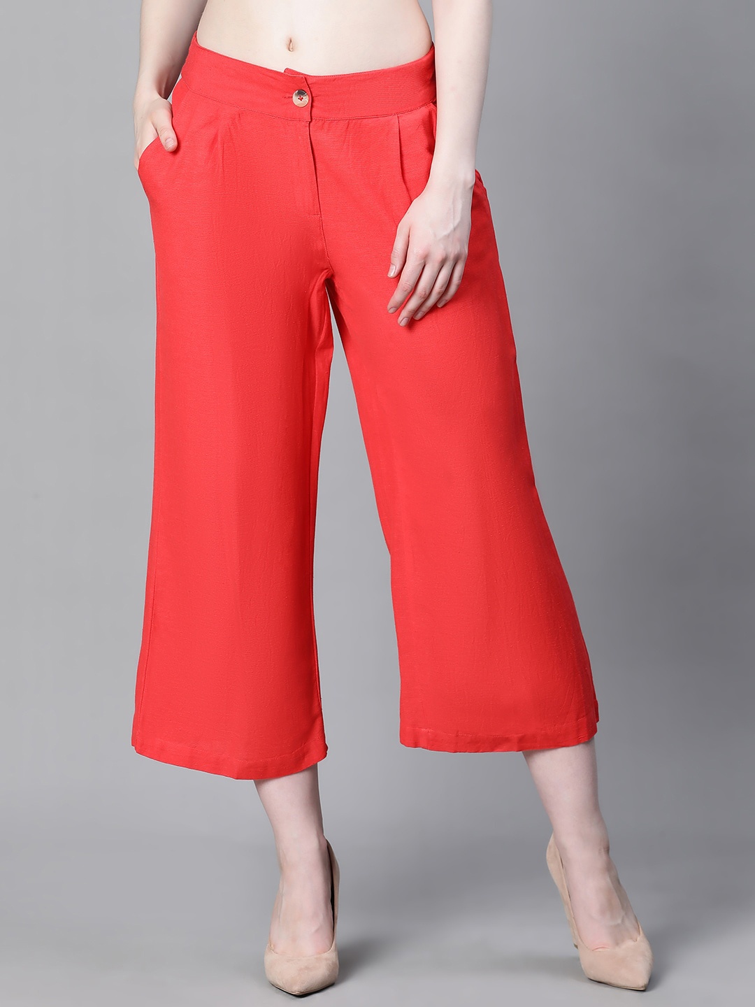 

Oxolloxo Women Relaxed Flared Easy Wash Cotton Culottes Trousers, Red