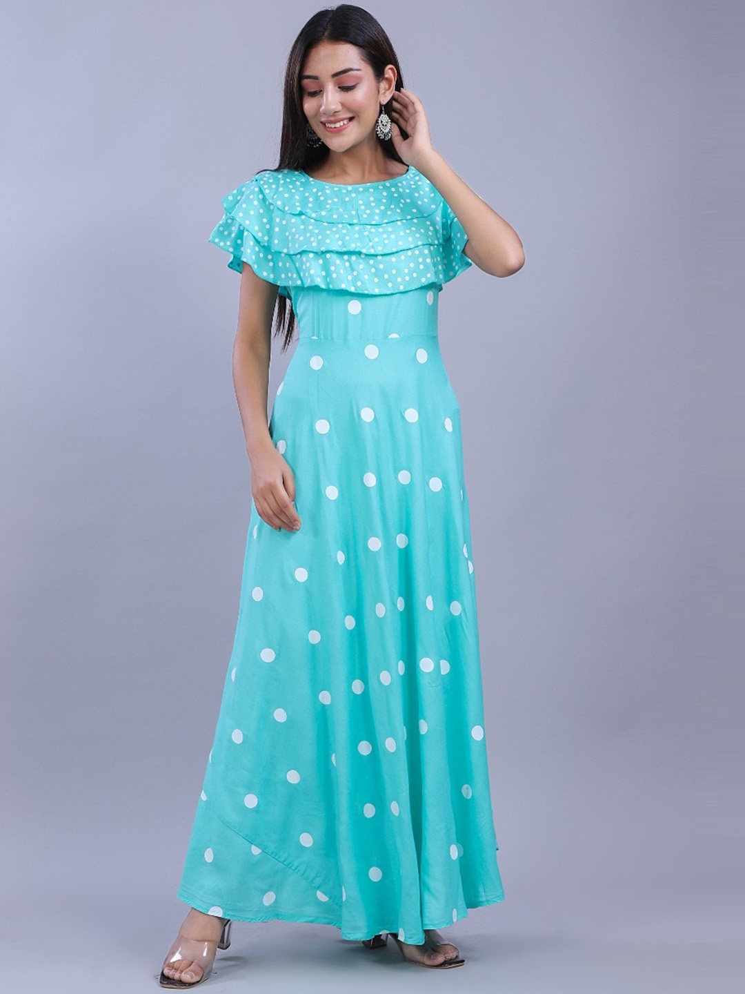 ao services Polka Dot Printed Ruffled Maxi Fit & Flare Ethnic Dress, Turquoise blue