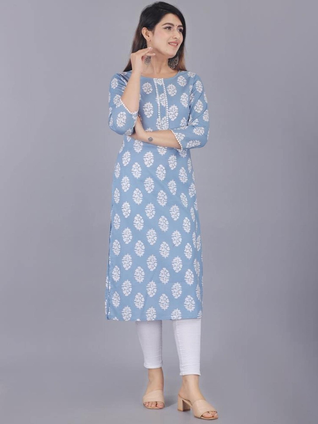ao services Ethnic Motifs Printed Lace Detail Kurta, Blue