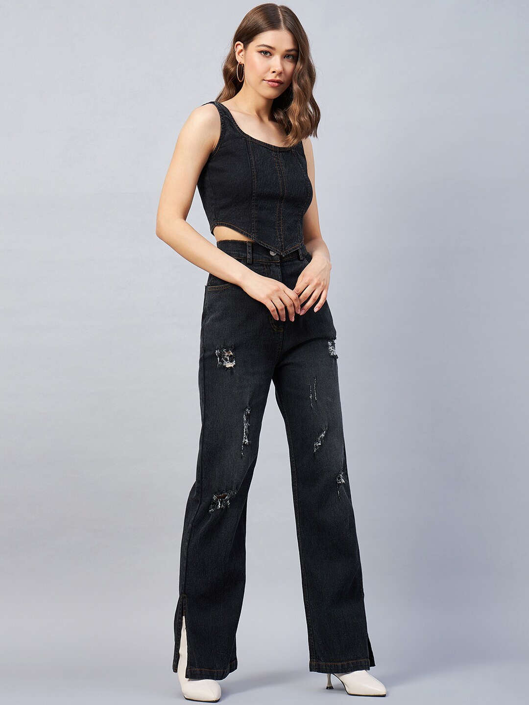 

Chemistry Pure Cotton Rugged Flared Jeans With Denim Top, Black