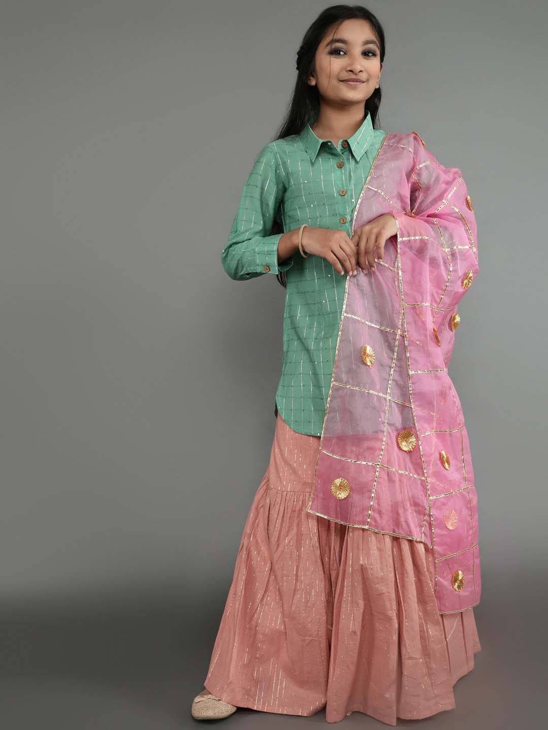 

Aks Kids Girls Ready To Wear Lehenga & Blouse With Dupatta, Green