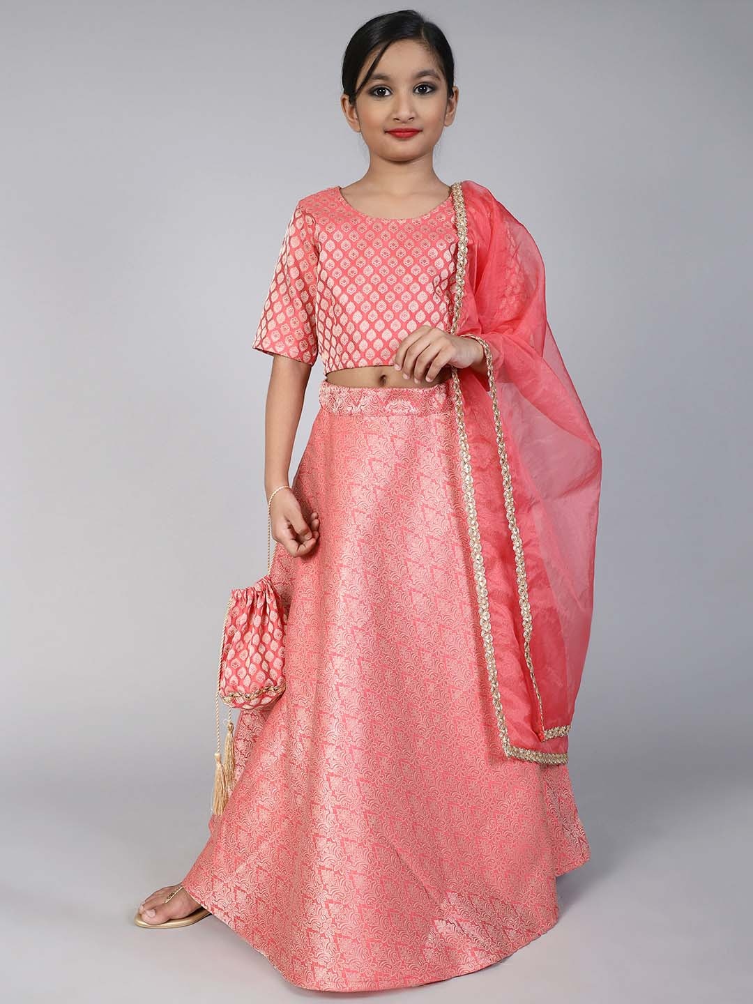 

Aks Kids Girls Ready To Wear Lehenga & Blouse With Dupatta, Peach